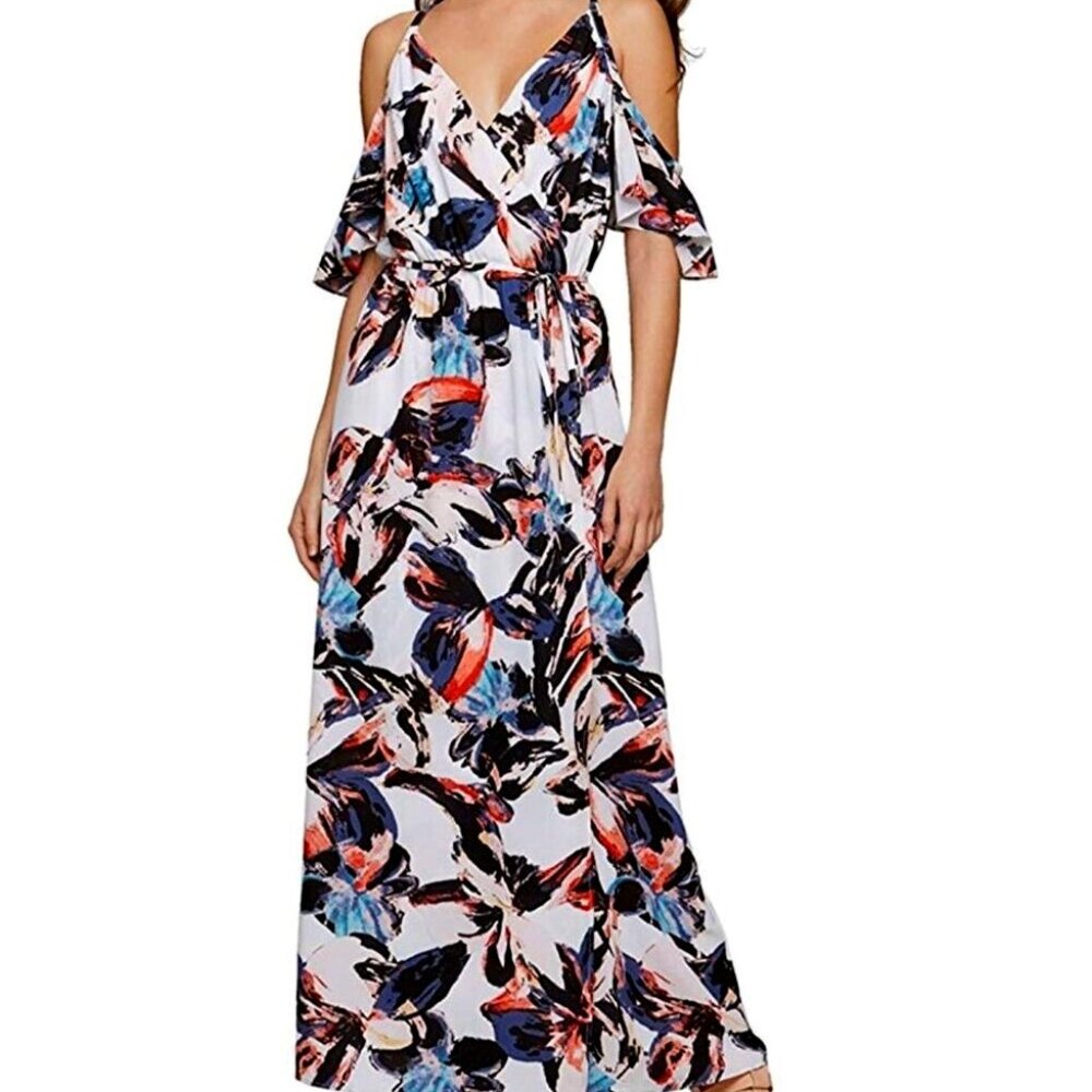 BAR III SURPLICE V-NECK FLORAL COLD SHOULDER MAXI DRESS
